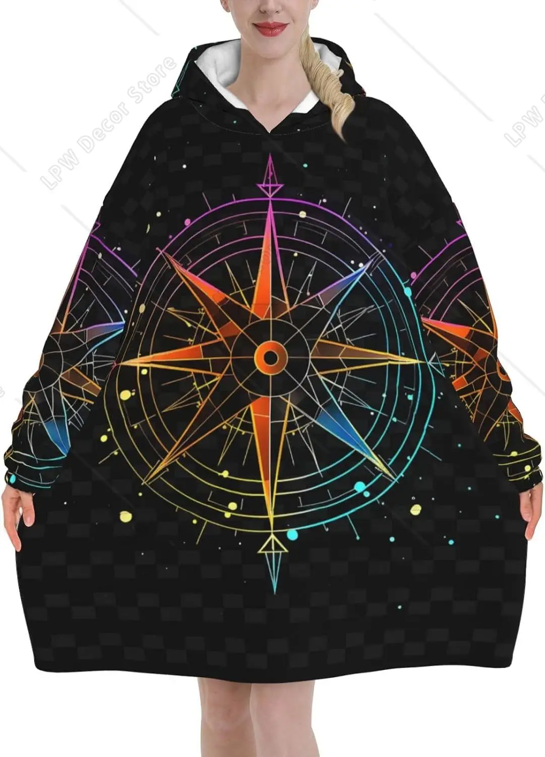 Black Checkered Neon Compass Print Hooded Wearable Blanket Adult Flannel Hooded Blanket Sweatshirt, Soft Warm With Pockets
