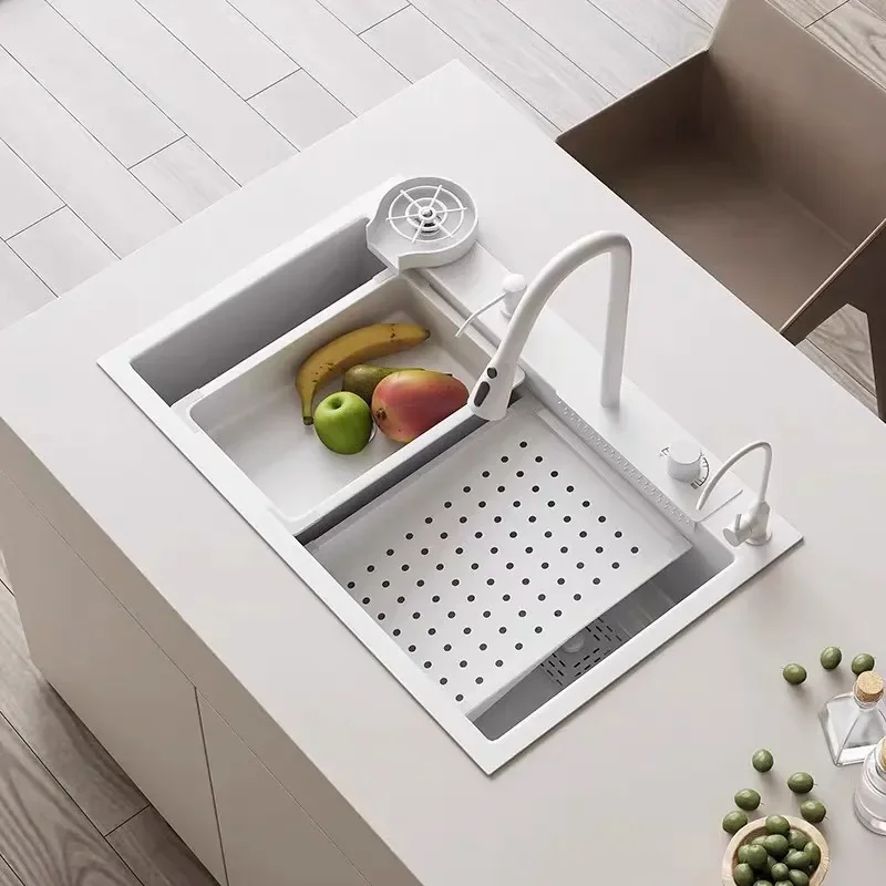 for White Flying Fish Waterfall Sink Stainless Steel Kitchen Large Single Bowl Vegetable Basin