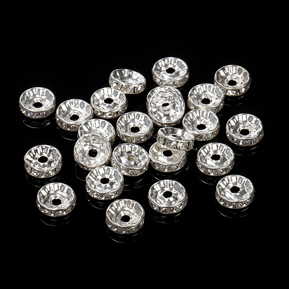 100pcs Silver Color Crystal Rhinestone Spacer Loose Beads Bracelet Beads for Bracelet Necklace Jewelry Making DIY Components