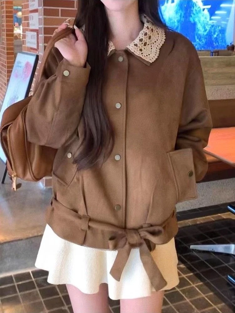 

Короткая куртка в американском стиле ретро, женская повседневная коричневая куртка с длинным рукавом, милое японское пальто, винтажная осенняя уличная одежда