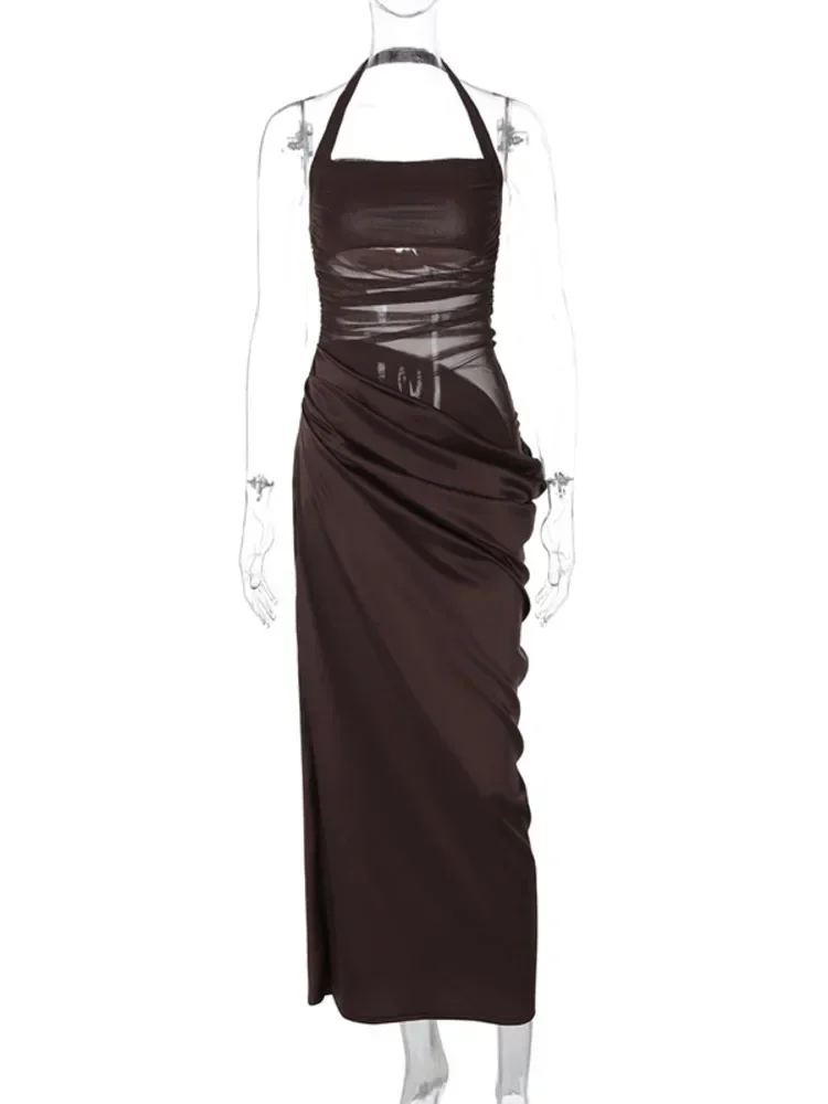 ตาข่ายเย็บปะติดปะต่อเปลือยเซ็กซี่Maxi D Ressสําหรับผู้หญิงชุดแฟชั่นเชือกแขวนคอแขนกุดที่ไม่มีสายหนังB Odyconคลับชุดยาว