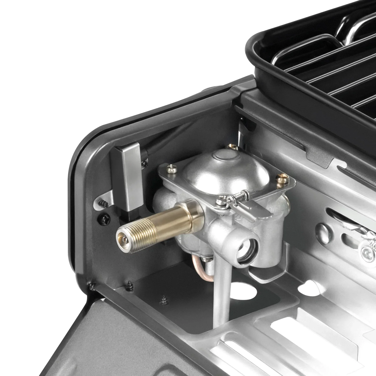 Tragbarer Gasgrill, Dual-Fuel Outdoor-Kocher mit LPG-Tank & Butanbehälter-Adapter, Einstellbare Wärmestufe Campingkocher für Reisen, Trekking, Picknick, Komplettes BBQ-Set mit Ölwanne & Aufbewahrungskoffer – Detail 10