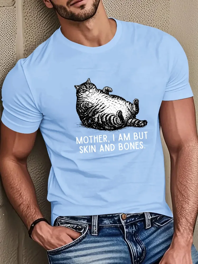 Mens Cotton Tee Funny Fat Cat Skin And Bones Slogan Print Gift For Cat Lovers Pet Owners Casual Male Short Sleeve Daily Outfit