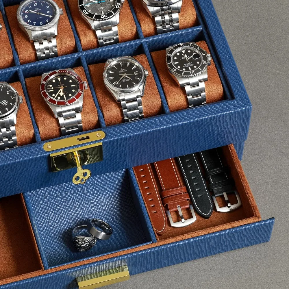 10-Slot Watch Box with Valet Drawer, Luxury Display Organizer with Glass Top, Soft Microsuede Liner for Watches Jewelry Sunglasses (Blue/Tan) view 5