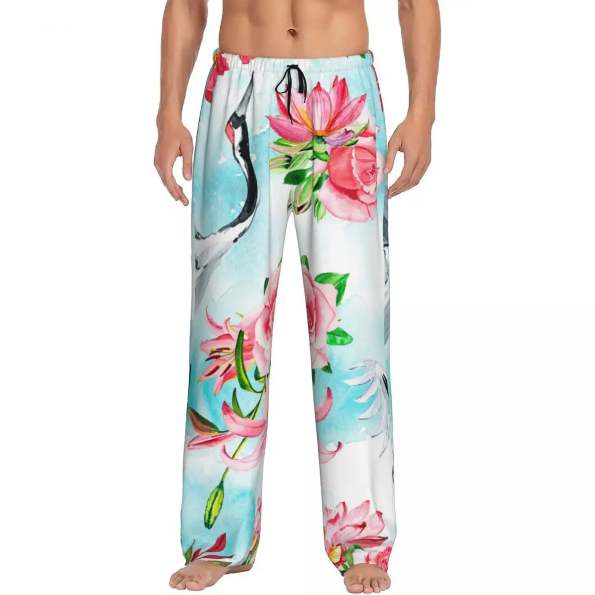 Watercolor Cranes And Pink Roses Men's Casual Pajama Sleeping Pants Lounge Loose Trousers Comfortable Nightwear