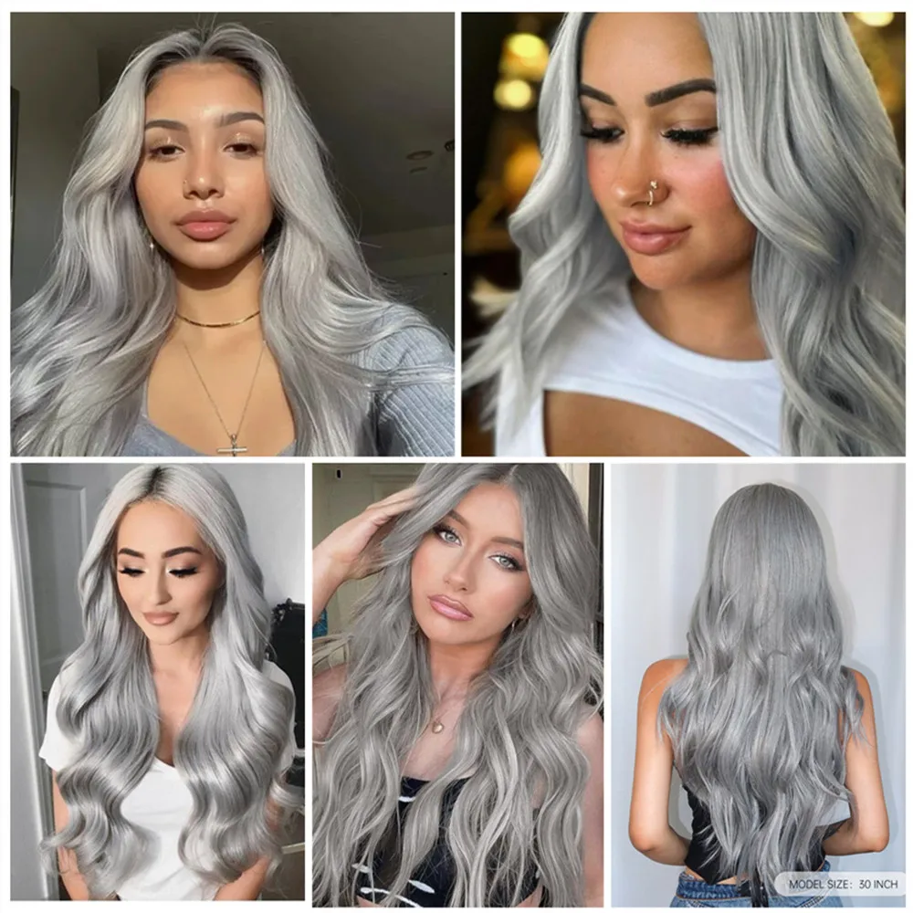 ALAN EATON Sliver Gray Wavy Synthetic Wigs for Women Long Natural Layered Wig Middle Part Daily Wig Party Heat Resistant Hair