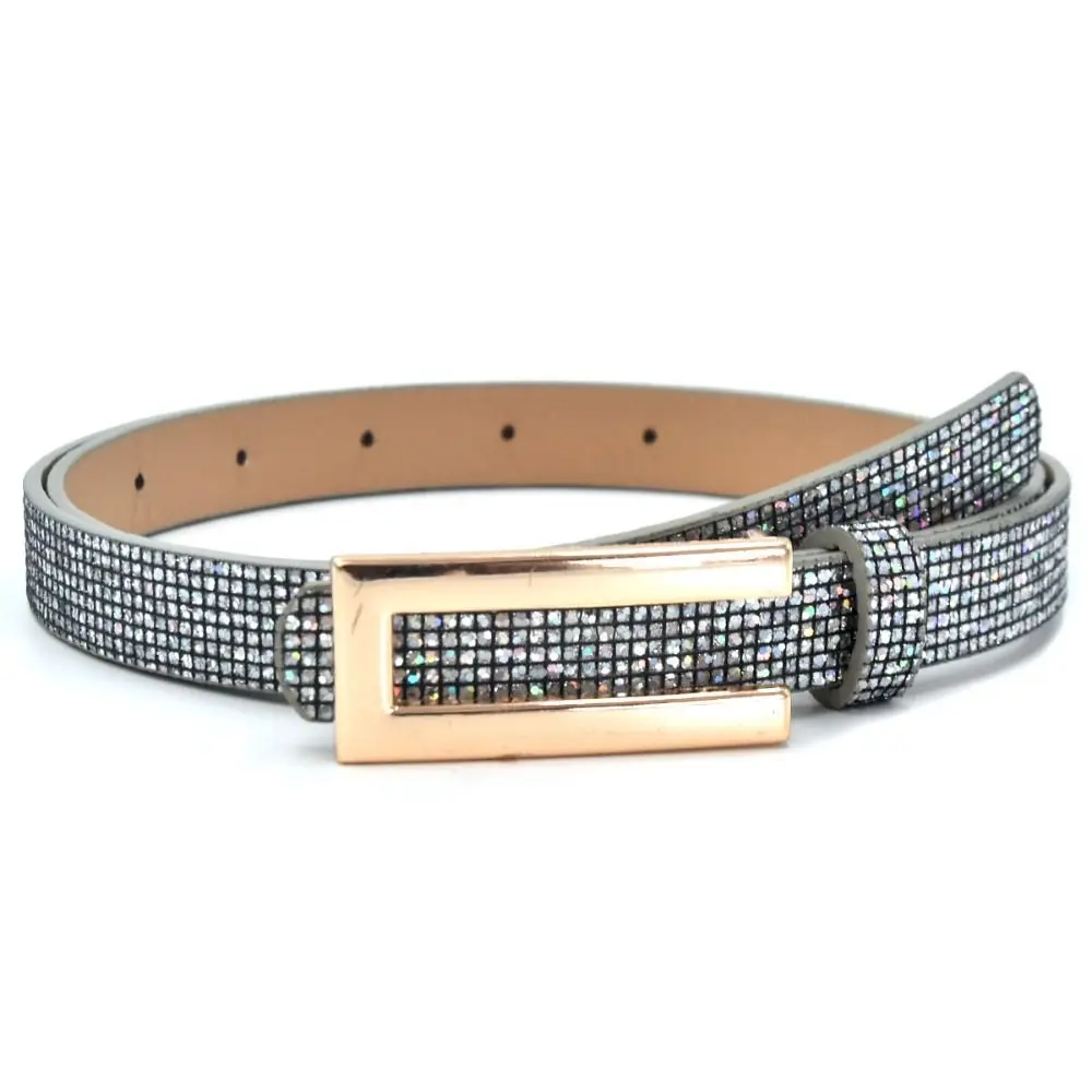 Bling Bling Sparkling Rhinestone Belt Versatile Glitter PU Leather Belt Luxury Brand Design Vintage U-shaped Buckle Belt