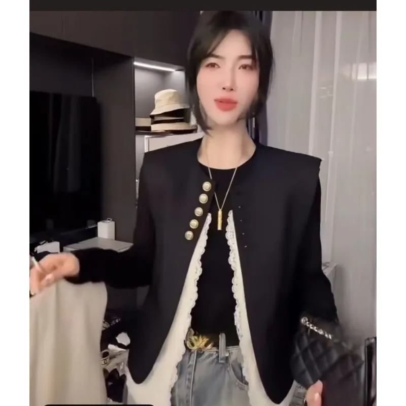 High-grade Sense Super Good-looking Lace Fake Two Suits Vest Coat Top Female Korean Version Loose Spring or Autumn New Jackets