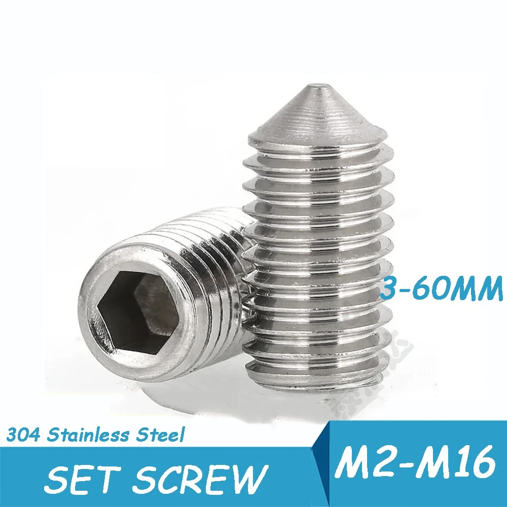

10pcs M2 M2.5 M3 M4 M5 M6 M8 M10 M12 M16 Hex Hexagon Socket Cone Point Grub Set Screw Bolts DIN914 304 Stainless Steel