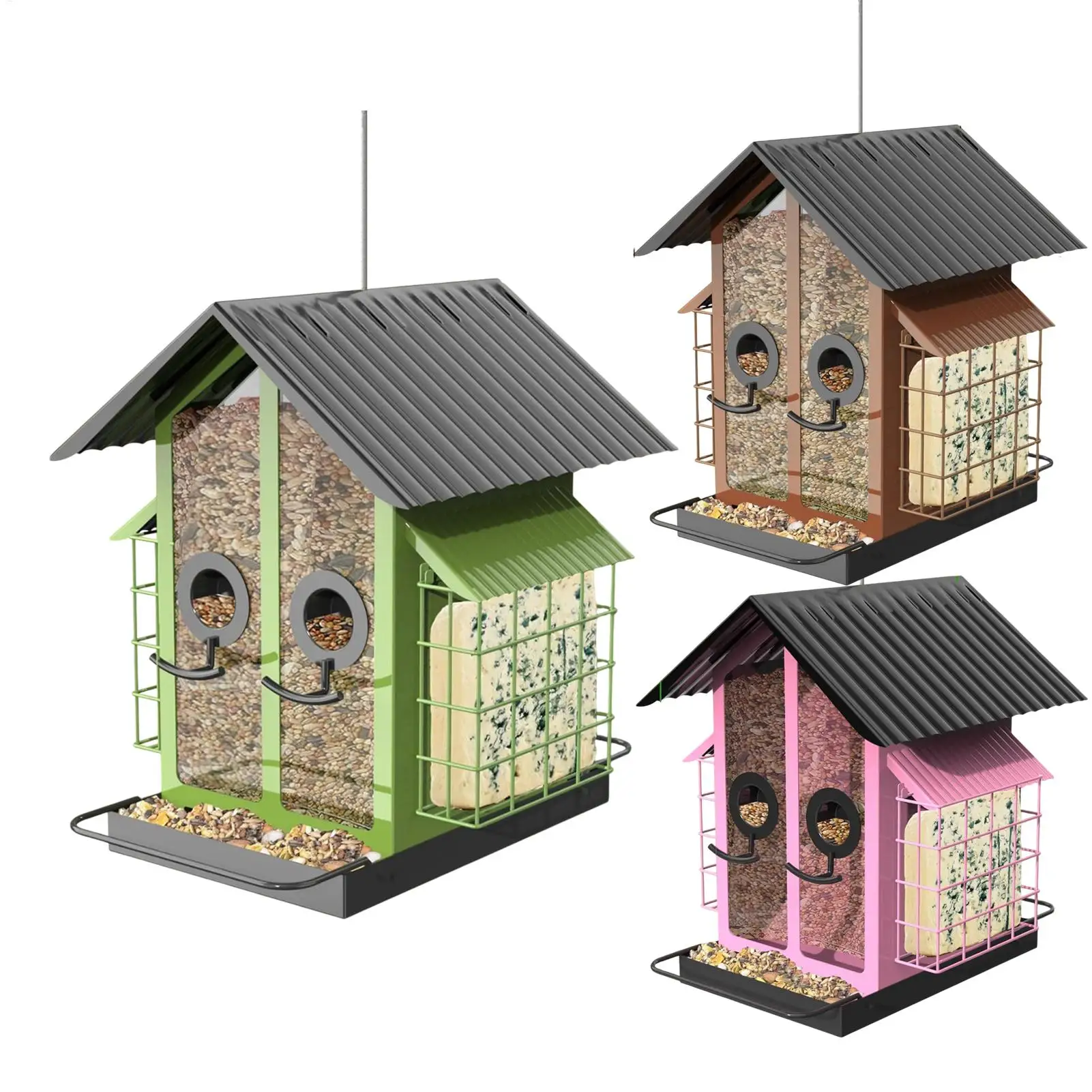 

Squirrel Proof Bird Feeders Metal Transparent Bird Feeders With Double Roof Birding Feeding Watering Supplies For Nature Lovers