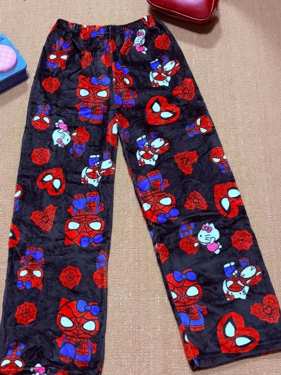 Hello Kitty Flannel Sleep Pants, Black Thickened Warm Fleece Pants, Casual Stroll Pants for Couples, Perfect for Party Outfits! view 6