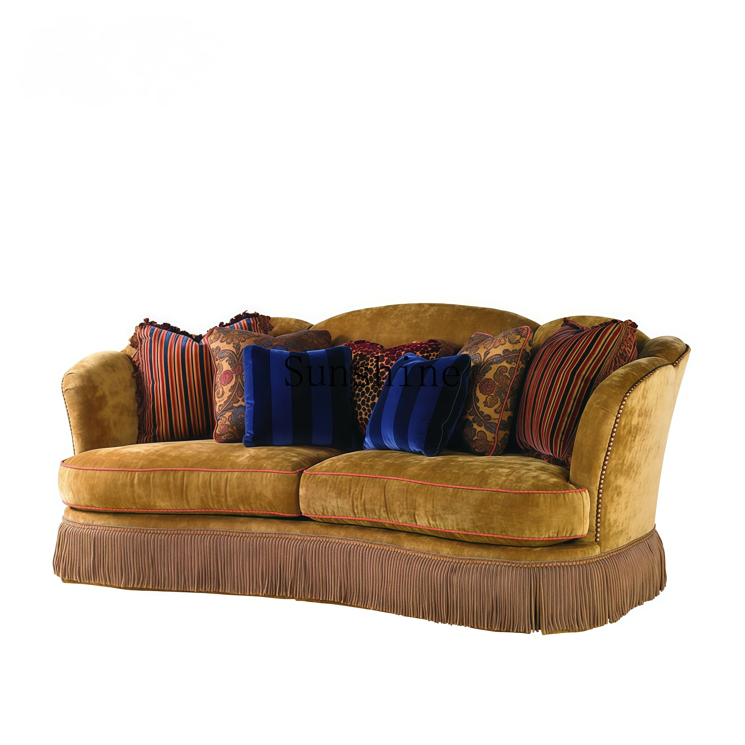 French retro living room three-person sofa, small apartment chenille fabric fabric, fringed design