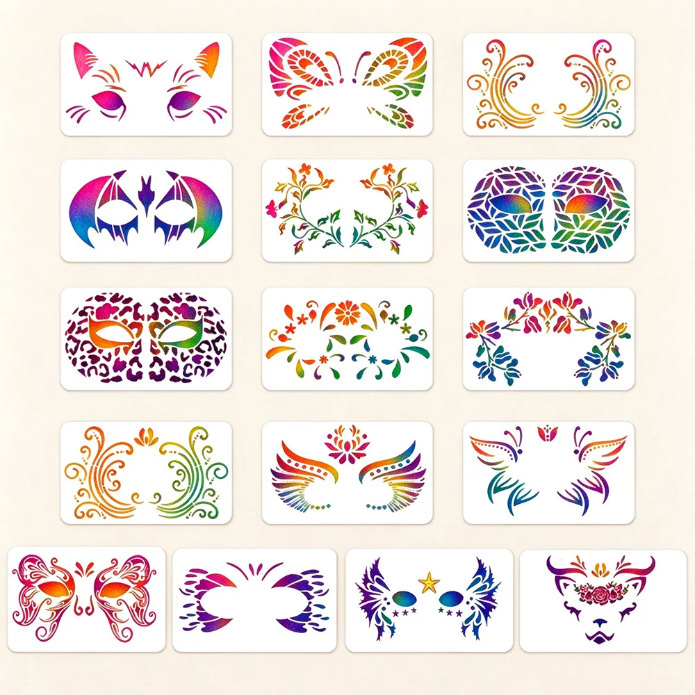 16pc Face Paint Stencil Skeleton Mask Set for Adults Kids Graffiti Hand Painting Aids Tattoo Templates Stage Holiday Makeup Tool
