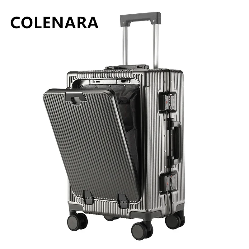 COLENARA 20"24Inch Laptop Luggage Aluminum Frame Boarding Box Front Opening Trolley Case USB Charging with Wheels Suitcase