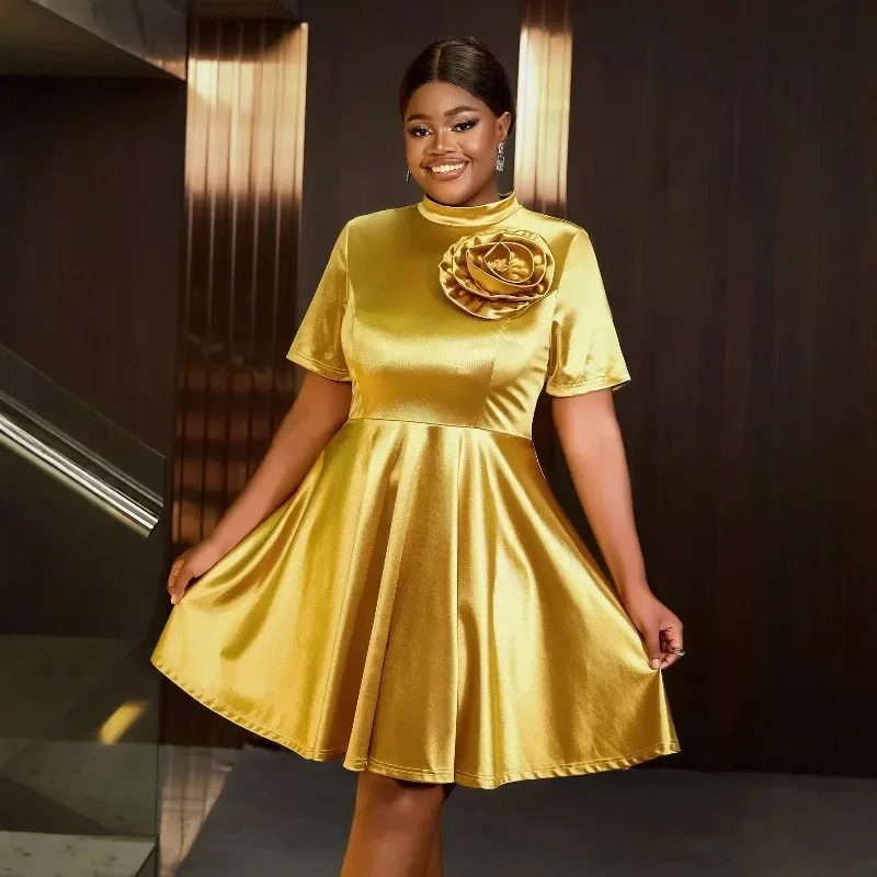 L-4XL Plus Size African Dresses for Women Elegant 2026 Gold Short Sleeve O-neck Party Evening Knee-length Dress Africa Clothing