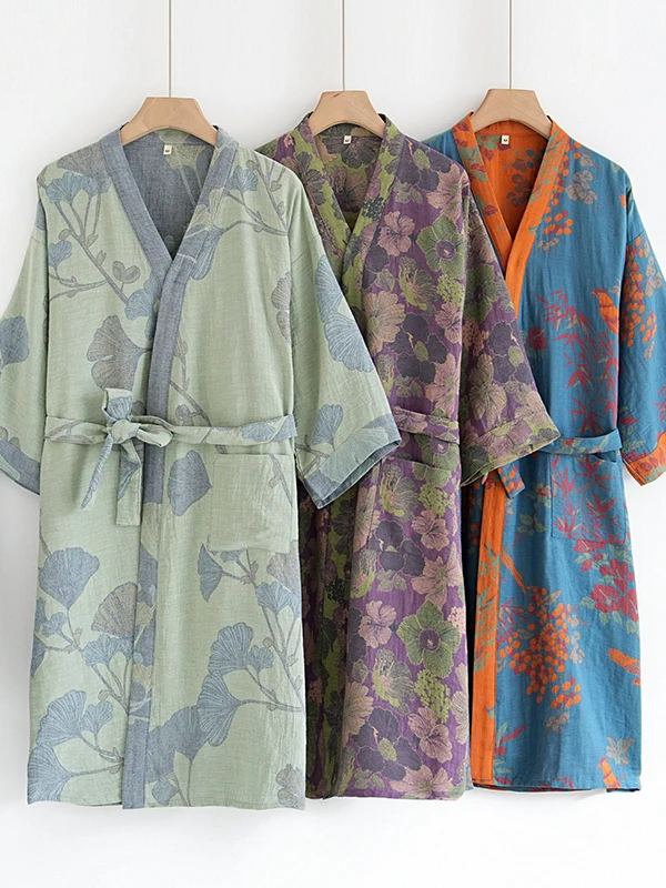 Summer Thin Chinese Style Pure Cotton Bathrobe Women's Mid-Length Sleepwear Floral Embroidery  Gauze Belted Kaftan