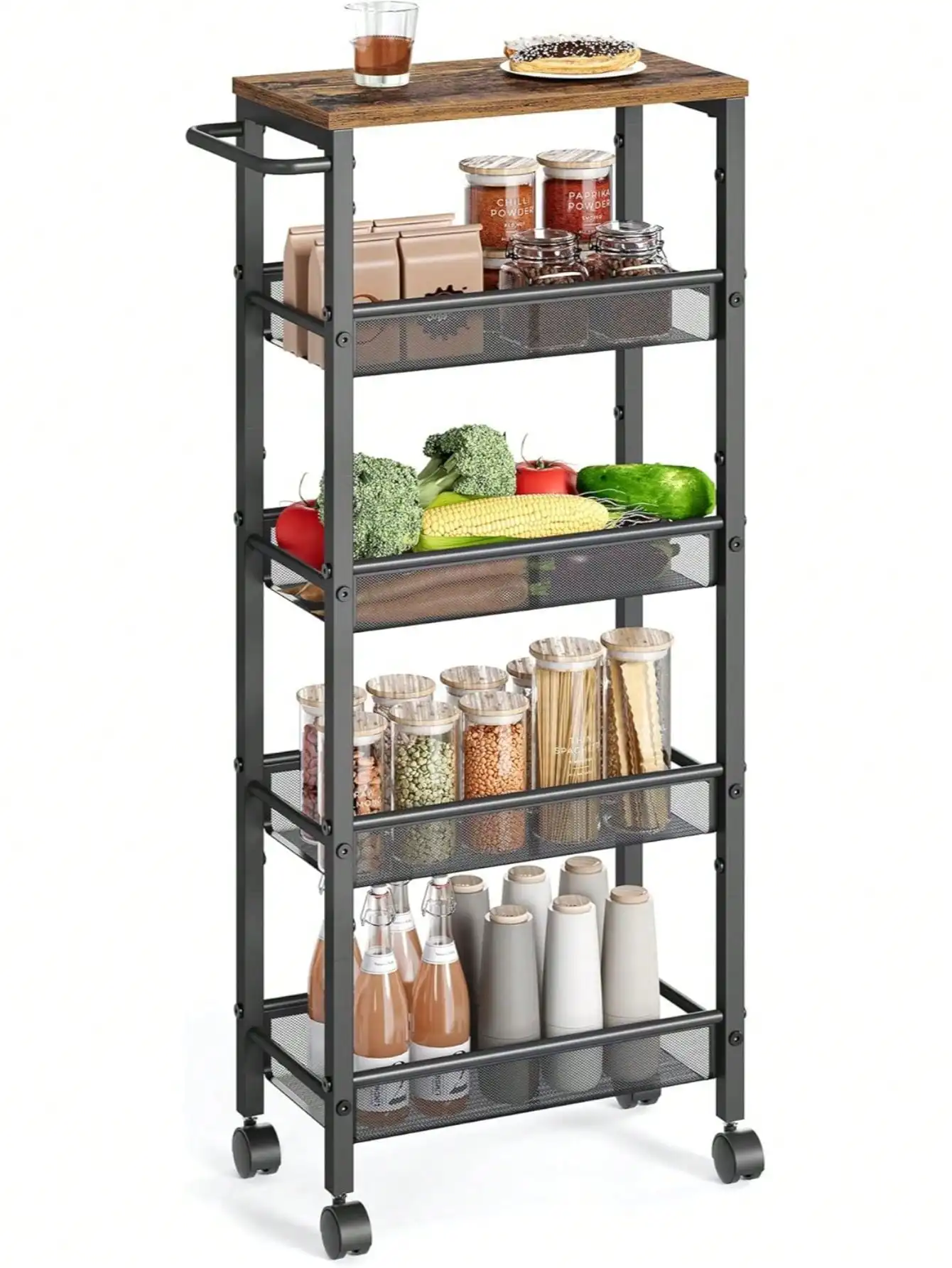 

VASAGLE Slim Rolling Cart, 5-Tier Storage Cart, Narrow Cart with Handle, 8.7 Inches Deep, Metal Frame, for Kitchen, Dining Room