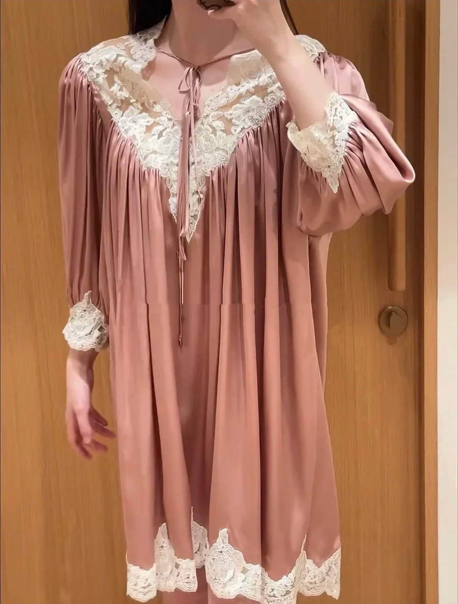

2026 New Arrival Elegant Ladies 100% Silk Satin Dress Sexy V Neck Puff Sleeve Patchwork Lace Loose Pink Dresses