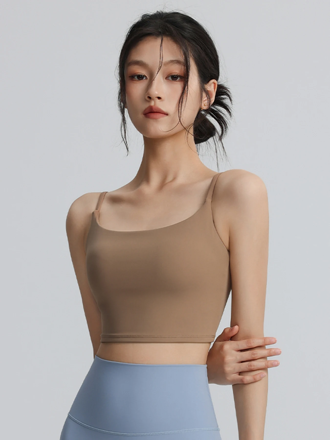 Women's U-Neck Spaghetti Strap Strappy Back Sports Bra Fixed Cups Quick Dry Naked Feel for Yoga Gym