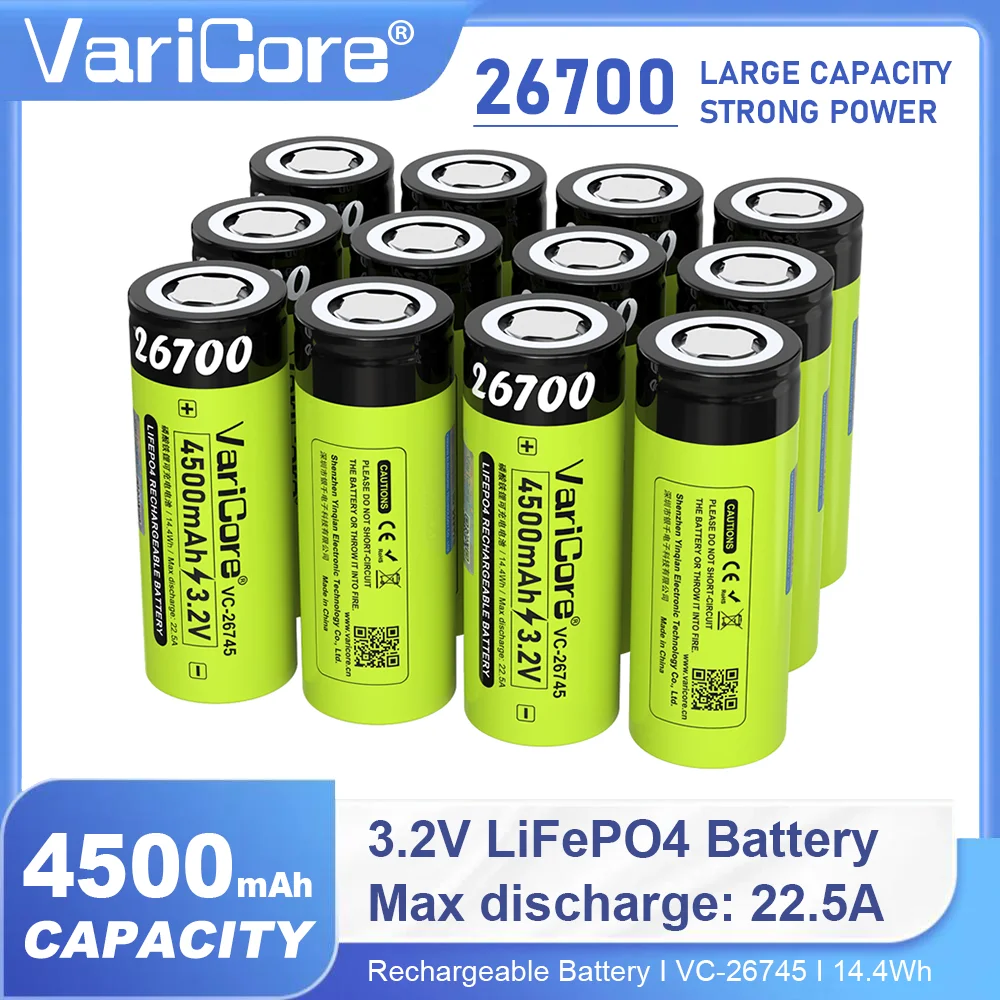 VariCore 3.2 فولت 26700 4500 مللي أمبير LiFePO4 بطارية قابلة للشحن VC-26745 أقصى تفريغ 22.A لمصباح يدوي الحفر بنك الطاقة الشمسية