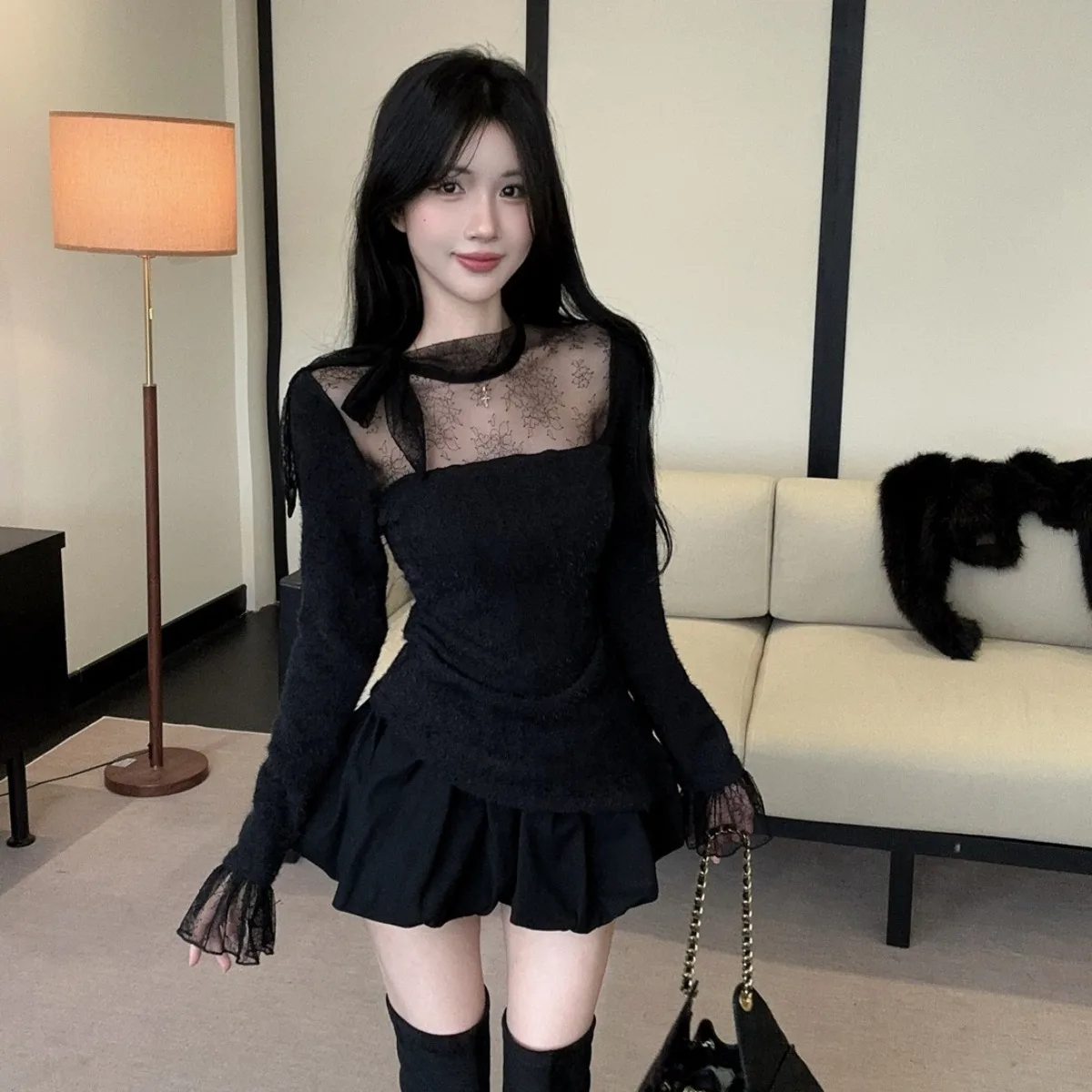   Knoten Spitze Spleißen Gestrickte Glocke Sve Top ort Rock Set frauen Faion Herbst Winter Neue Ankunft Süße Sle