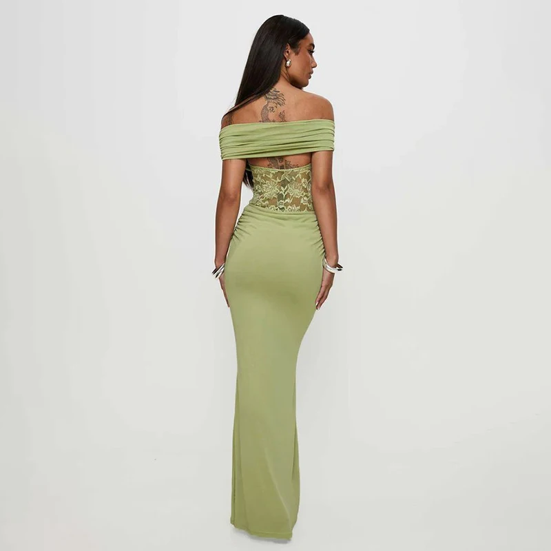 CUTENOVA 2025 สตรีฤดูร้อนใหม่ปิดไหล่สีทึบPatchworkลูกไม้บางสะโพกชุดยาวเซ็กซี่Elegant Dresses
