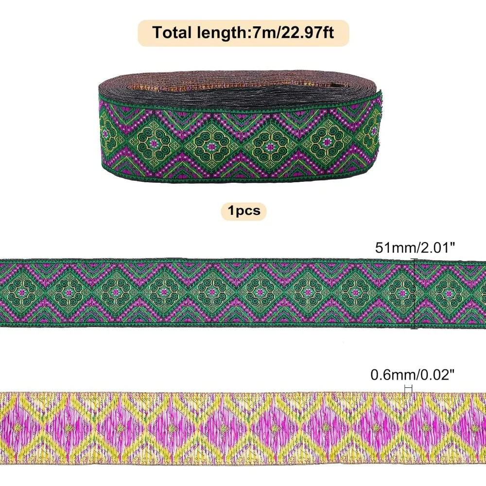 7.7 Yard 2 Inch 51mm Ethnic Embroidery Ribbons Dark Green Jacquard Ribbon with Flower and Geometric Pattern Vintage Woven Fabric