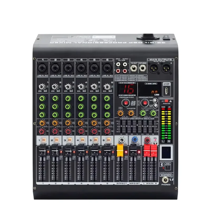 Green Audio GAX-MC6 Pro Mixer 6 Channel Blueteeth Professional Mixing Console with Reverb Effect Home Karaoke USB  Mixer