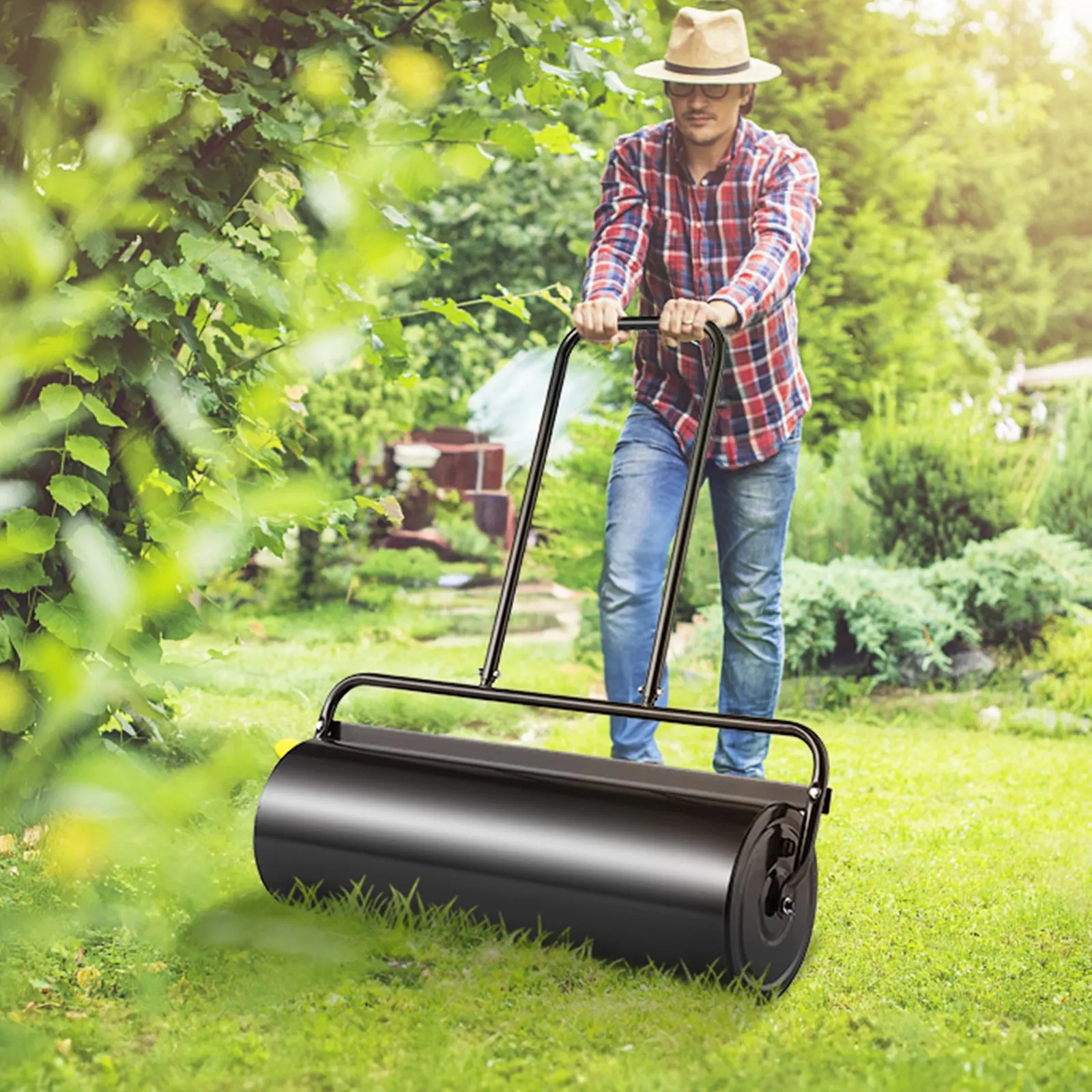 Rouleau de jardin en acier Q235 990x300x1120mm, capacité 61L, rempli d'eau, poignée en U, compacteur manuel pour nivellement des grands terrains verts, jardins et parcs