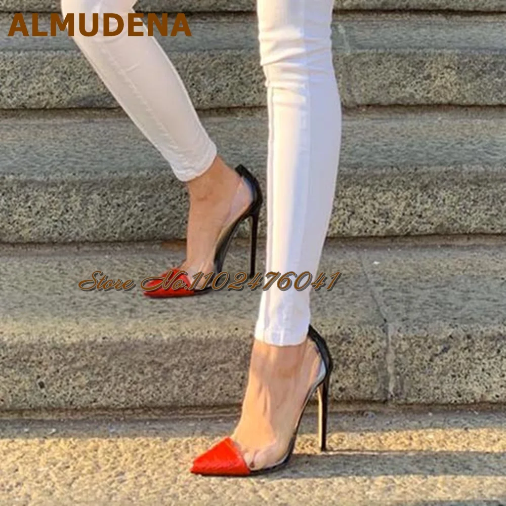 Almudena Green Red Stone Pattern Pointed Toe Pumps Transparent Clear Pvc Patchwork Dress Shoes 12cm 10cm 8cm Thin Heel Footwear