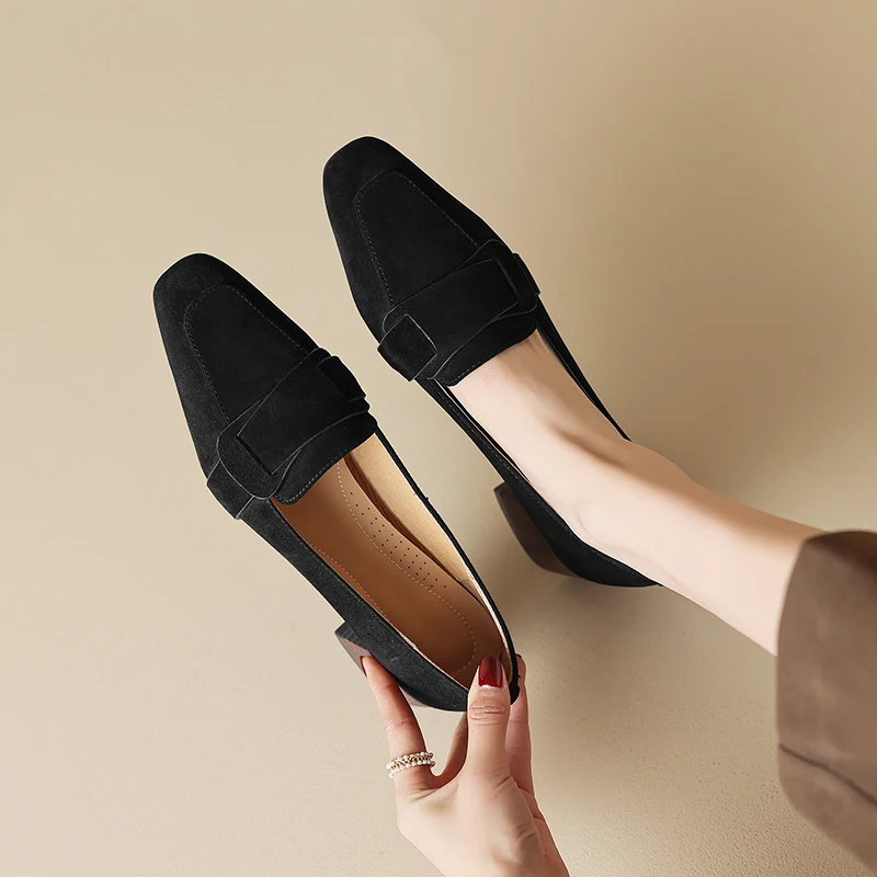 2026 spring autumn women pumps natural leather plus size 22-25.5cm kid suede+pigskin square toe high heel women shoes fashion