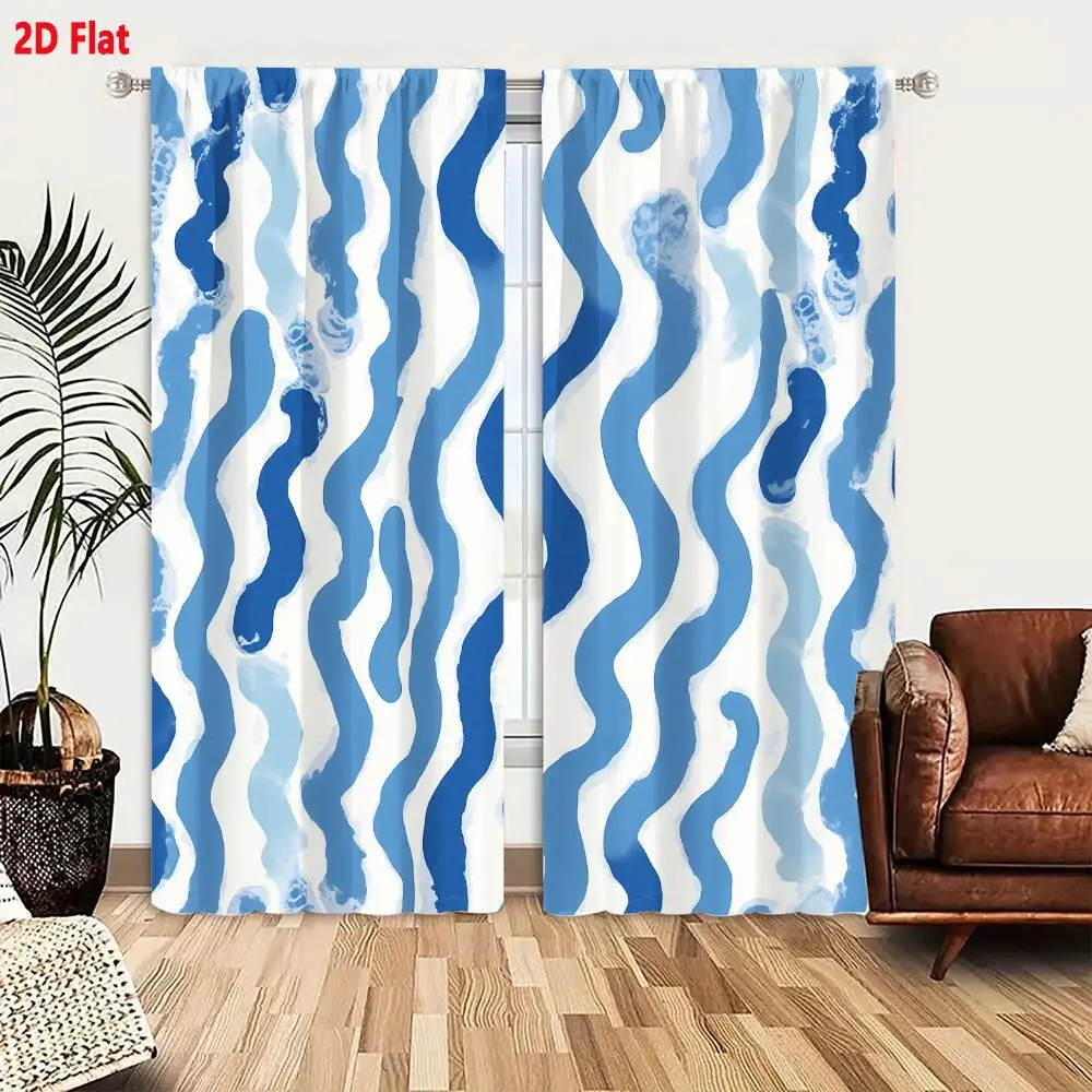 2Pcs Curtains 2D Flat Blue Wavy Lines Pattern Watercolor Effect Irregular Organic Waves Dark Light Blue White Background Fluid D
