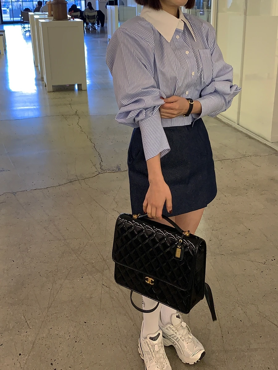 

Slimming Stripe irt Women's Chic Color Blo Collar Loose Ba Strap Waist Cinch ort Sle Faionable Polyester