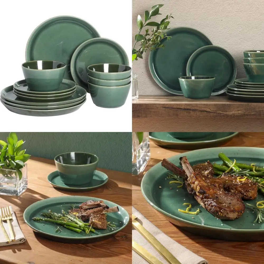 

12 piece (service for 4) fern canyon plates and bowls reactive glaze modern coupe round dishes stoneware ceramic dinnerware set