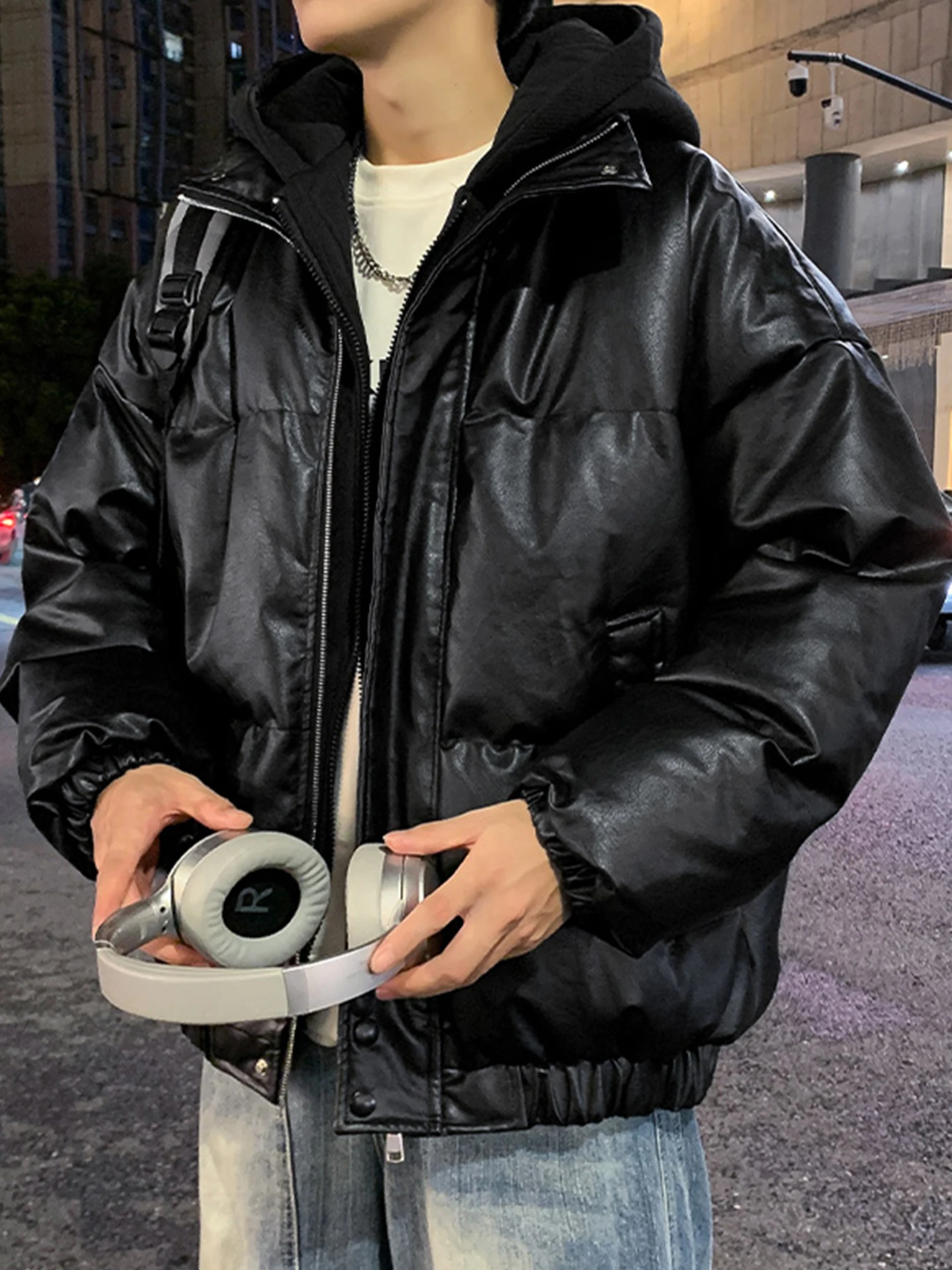 

Men's Biker Jaet Hooded Thiened Warm Leather Coat ort Sle Autumn Winter Outerwear Casual Faion Polyester Fabric