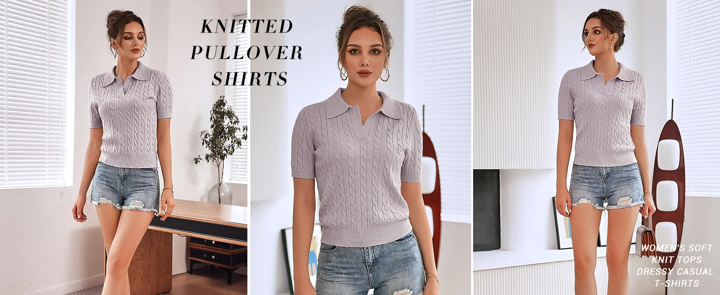 

ZENFLEX Women's Cable Short Sleeve Sweaters Tops Solid Lapel V Neck Knit Casual Soft Pullover Shirt