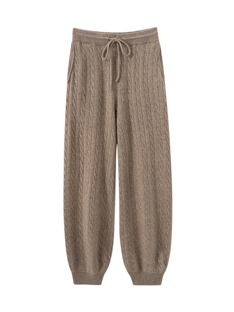 TLOML New Women's 100% Cashmere Knitted Cable Knit Bloomers Pants Autumn Winter Soft Warm Comfy Casual Trousers Cashmere Pants