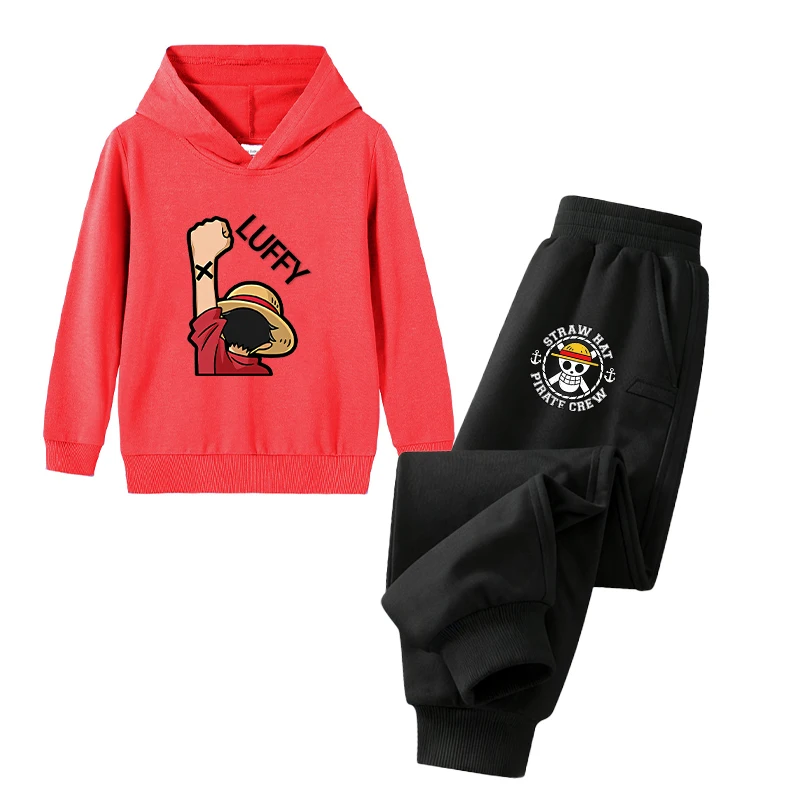 ONE PIECE LUFFY BOY Hooded Sweatshirt 2pcs Set Anime Clothes Suit Children Cartoon Pullover Sweatshirt Fashion Kid Clothing Tops 3