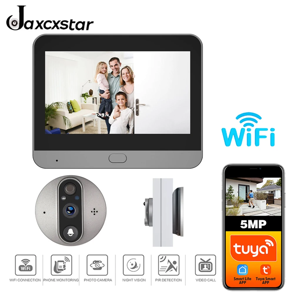 

4.3 Inch 5MP Tuya Smart Life APP Battery 2.4Ghz WiFi Audio Video Digital Eye Door Bell Peephole Viewer PIR Camera Alexa Google