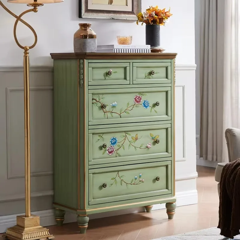 European-Style Retro Solid Wood High Cabinet American-Style Chest Drawers Home Furniture Side Entrance Living Room Decor
