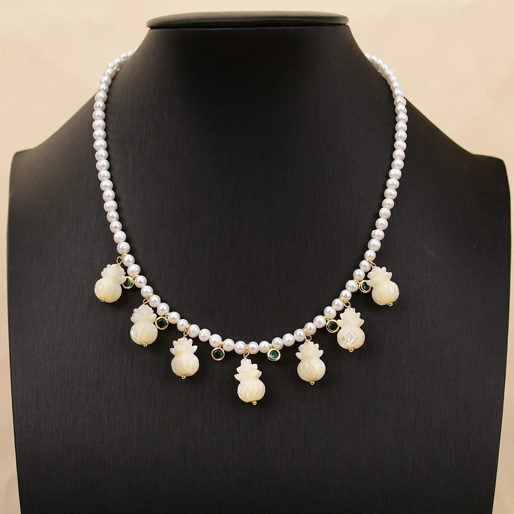 GG Natural White Potato Pearl Necklace Carved Pineapple Shell Green Zircon Pendant