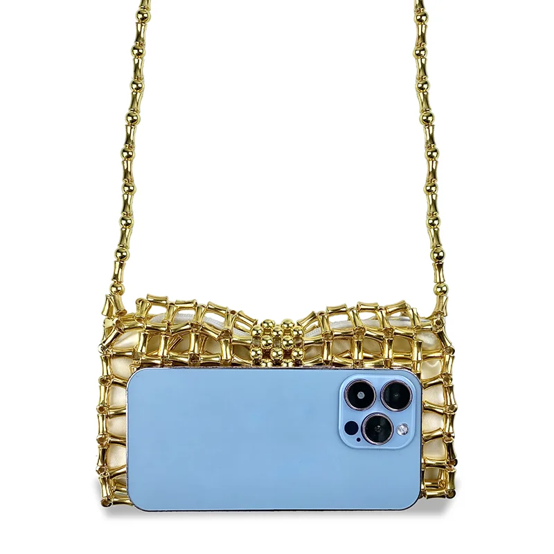 2024 summer new niche design Korean shiny metal handmade woven bag mini bamboo beaded bag