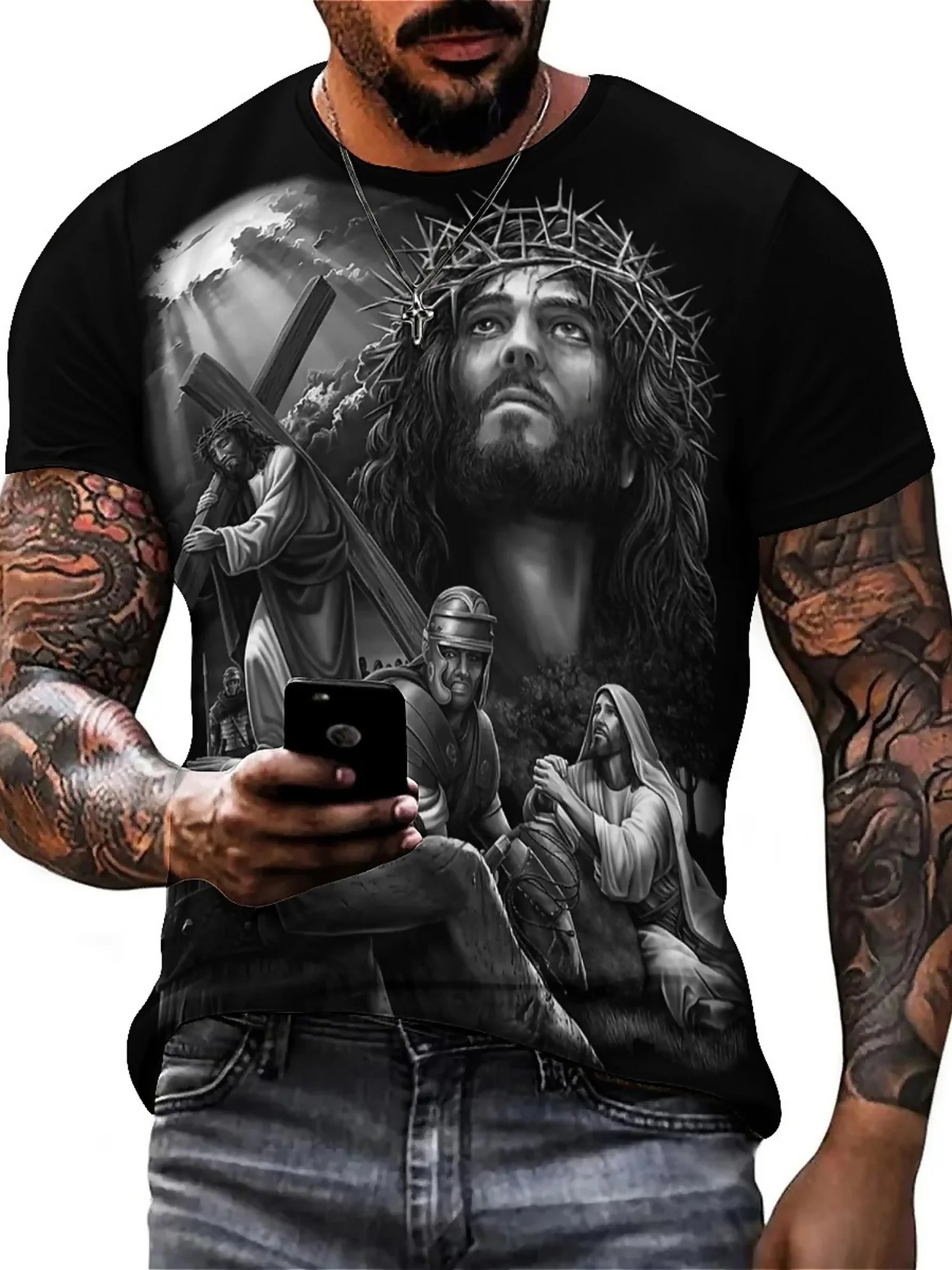 تي شيرت رجالي بأكمام قصيرة مطبوع عليه Jesus 3D مقاس كبير - تي شيرت مريح برقبة دائرية من البوليستر الناعم مع تصميم متقاطع وشخصيات