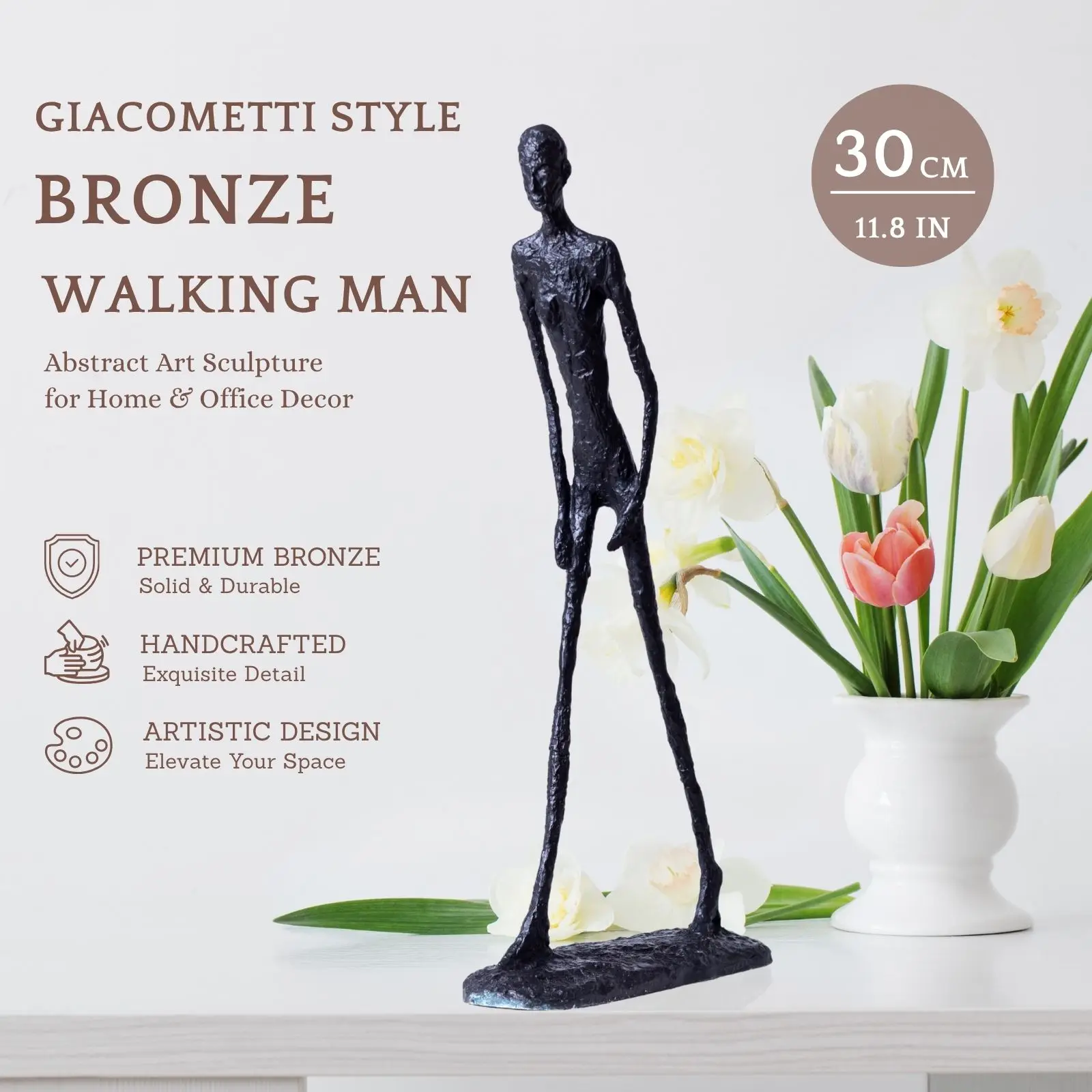 30cm Bronze Walking Man Statue – Giacometti Inspired Abstract Human Sculpture, Handmade Modern Art Decor for Home Office Collect