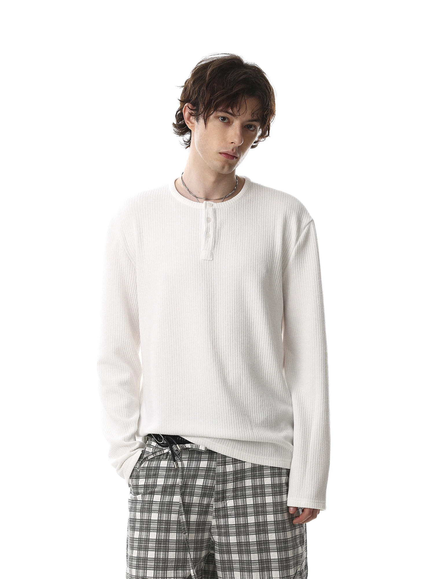 Casual American Loose Fit Long Sleeve T-Shirt Men's Henry Collar Top Vintage High End Feeling Comfortable Cotton Crew Neck