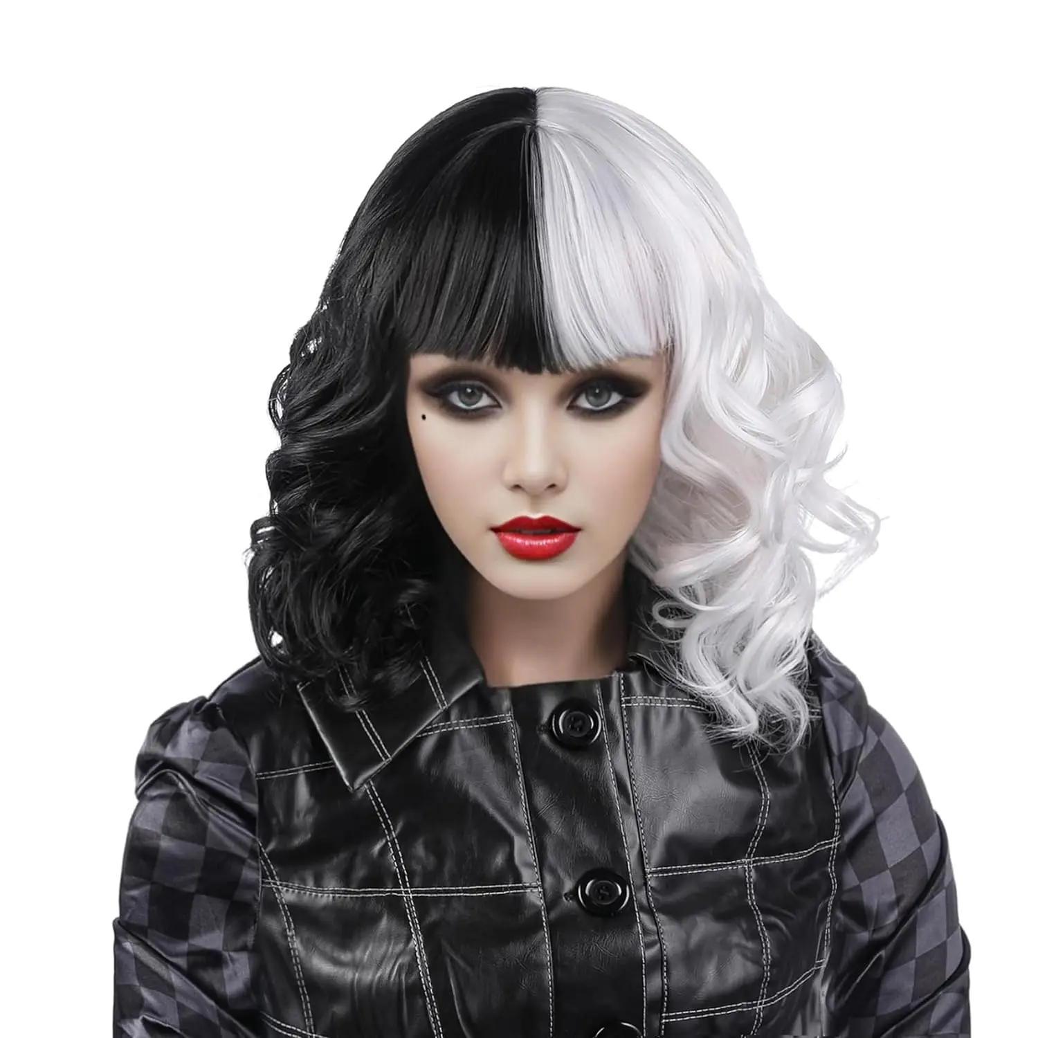 Peluca sintética de Cosplay en blanco y negro, peluca corta y rizada, mitad negra, mitad blanca, con flequillo, disfraz de Cruella Deville, peluca para mujer