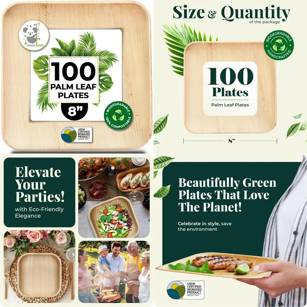 

Одноразовые 8-дюймовые квадратные бамбуковые тарелки с пальмовыми листьями, объемный пакет для вечеринок, элегантный прочный дизайн, идеально подходит для 100 гостей, экологически фри