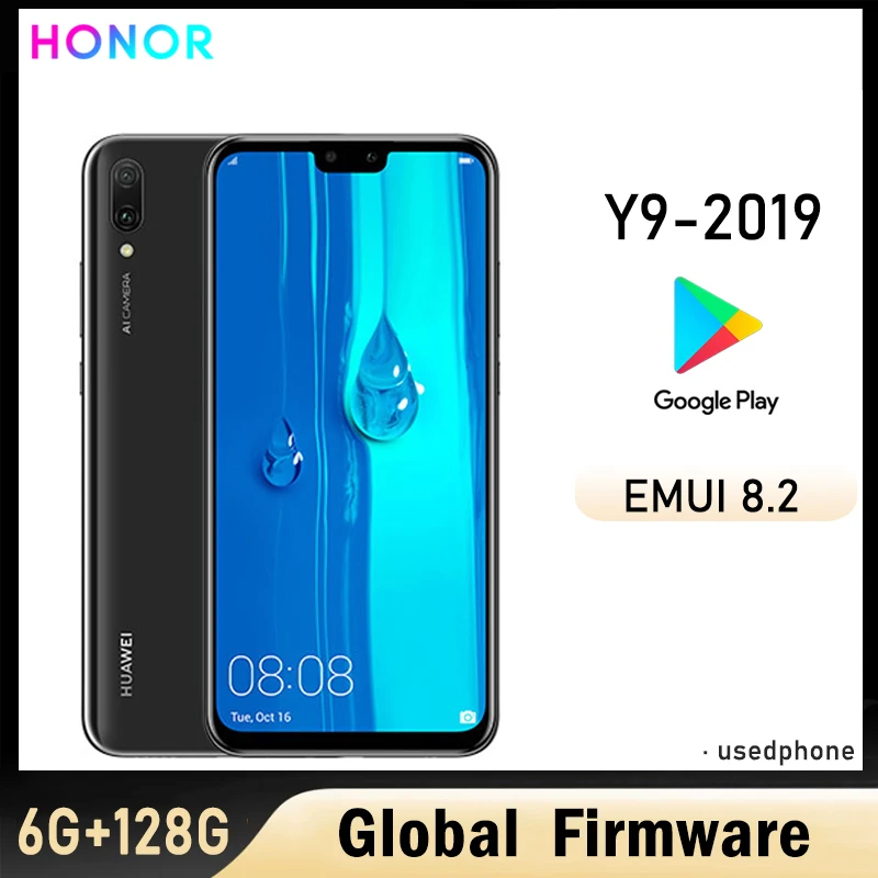Używany smartfon HONOR Y9-2019 z globalną wersją firmware, 4G, ekranem 6,5 cala, systemem Android, procesorem Haisi Qilin 710, aparatem 16M+2MP i baterią 4000 mAh.