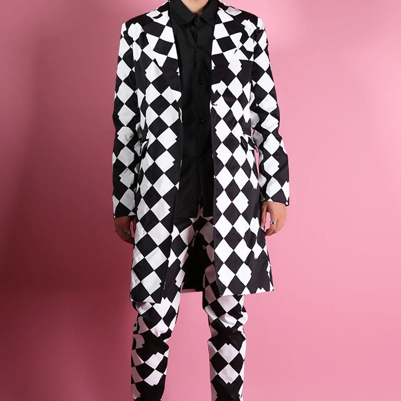 Black White Large Diamond Lattice Geometric Long Suit Men's Korean Slim Suit Bar Singer Stage Hair Stylist Performance Dress