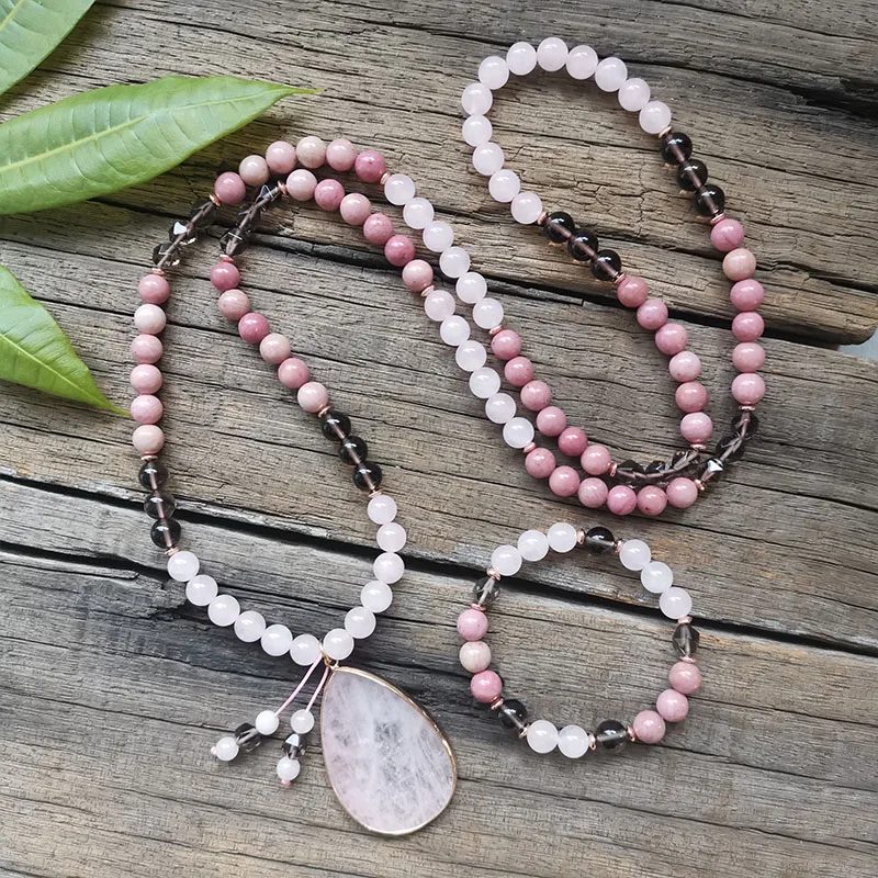 8mm Rhodonite Obsidian Crystal Stone Beads,Rose Quartze Pendant,Prayer Bracelet,Love Healing,Meditation,108 Mala Beads Necklace